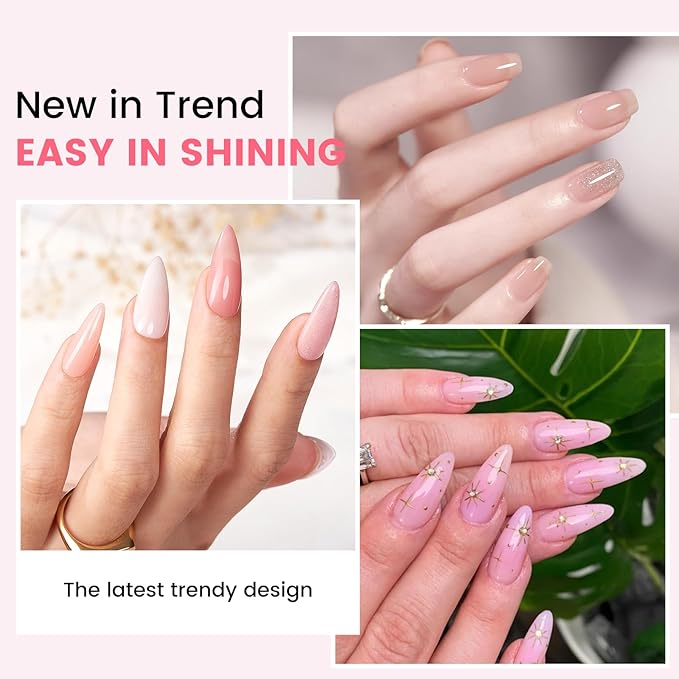 Jelly Gel Nail Polish Kit with U V Light, Hema-Free Milky Nude Sheer White Pink Gliter Gel Polish Set with Base & Top Coat Chrome Nail Powder, 4 Colors Mini Salon Nail Art Starter Gift for Women Girl