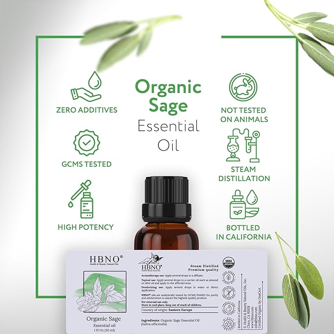 HBNO Organic Sage Essential Oil - 1 oz (30ml) - USDA Certified Organic Sage Essential Oil for Aromatherapy, Soap Making, DIY, Fragrances, Diffuser.