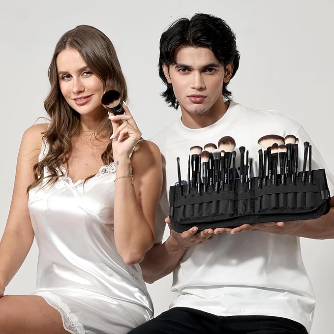 25 pcs Makeup Brush Set Holder Black Professional Kabuki Powder Concealers Eye shadows Blush Eyeliner Eyebrow Contour Eye blending Brushes (25pcs brush with holder)