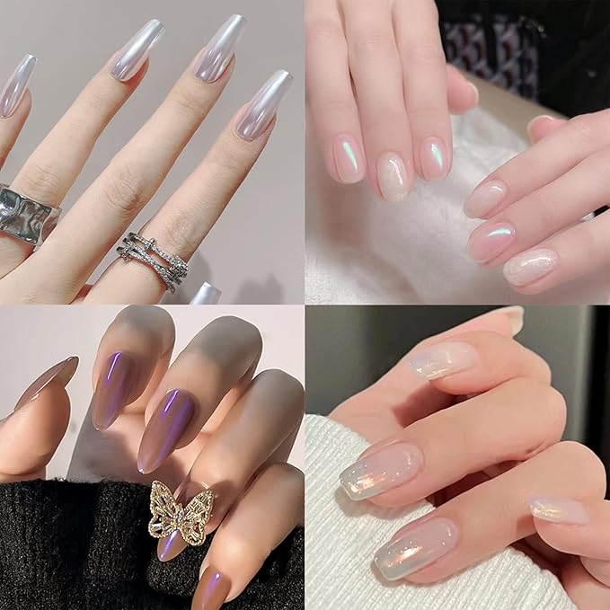 Allstarry Chrome Nail Powder 4 Colors Iridescent Aurora Powder Metallic Mirror Effect Pigment Pearlescent Mermaid Glitter Unicorn Glitter for Nail Art Manicure Decoration Home DIY Salon - Ice Series