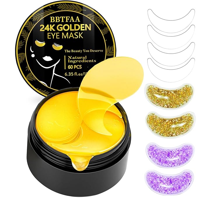 24K Gold Under Eye Patches Gel Eye Pad Hot Cold Eye Mask,Eye Masks Skincare for Removing Dark Circles and Puffiness,Reduce Wrinkles,Eye Bags and Fine Lines (68 Pcs