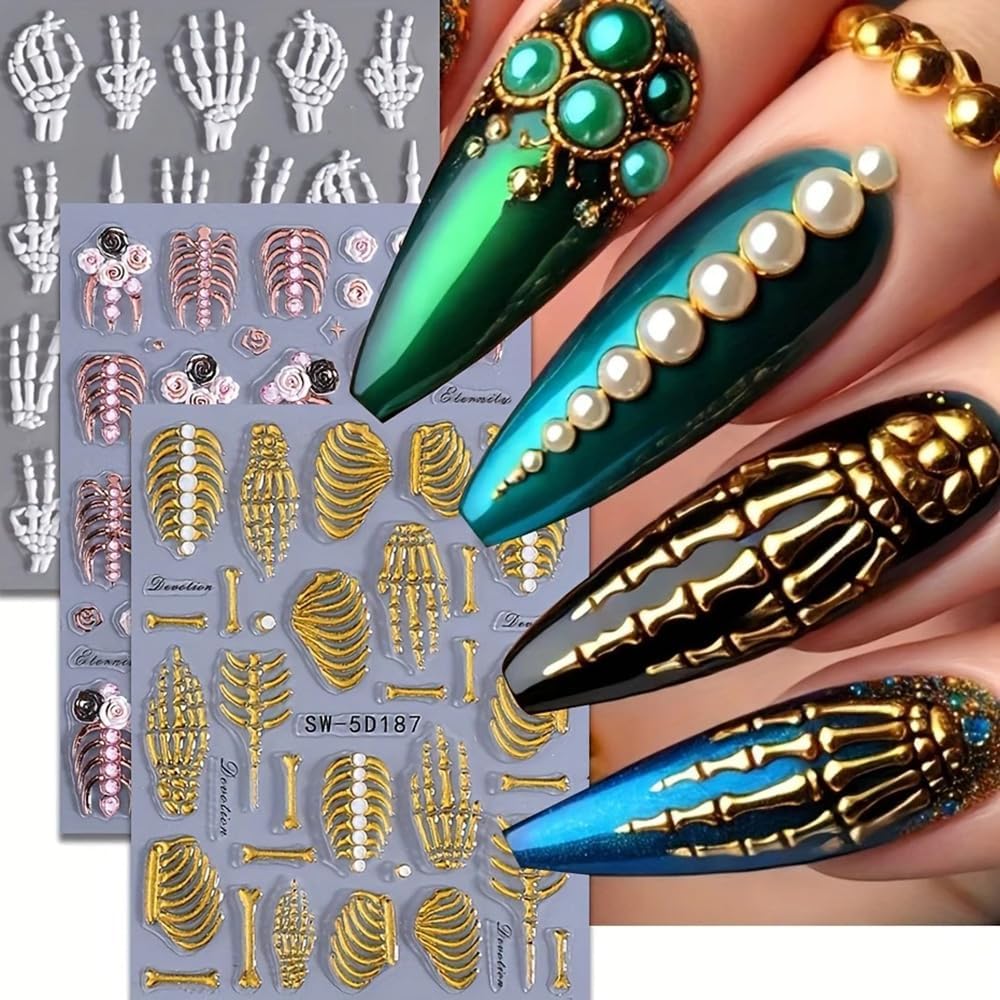 3 Sheets 5D Embossed White Claw Skull Nail Decals Halloween Nail Art Sticker Gold Pink Skeleton Nail Stickers 5D Self-Adhesive Hand Bone Nail Supplies Holiday Nails Accessories for Women DIY Manicure