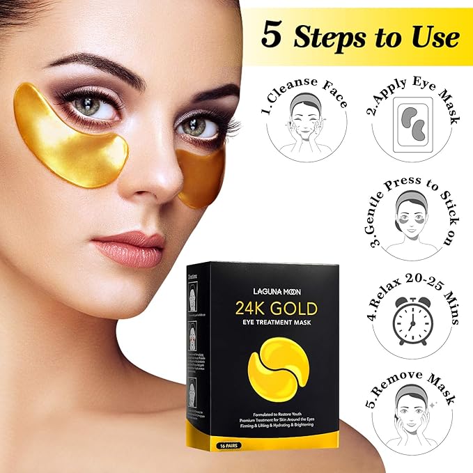 24K Gold Eye Mask, Anti-Aging Hydrolyzed Collagen and Hyaluronic Acid Under Eye Patches for Puffy Eyes & Bags, Dark Circles and Wrinkles, 16 pairs
