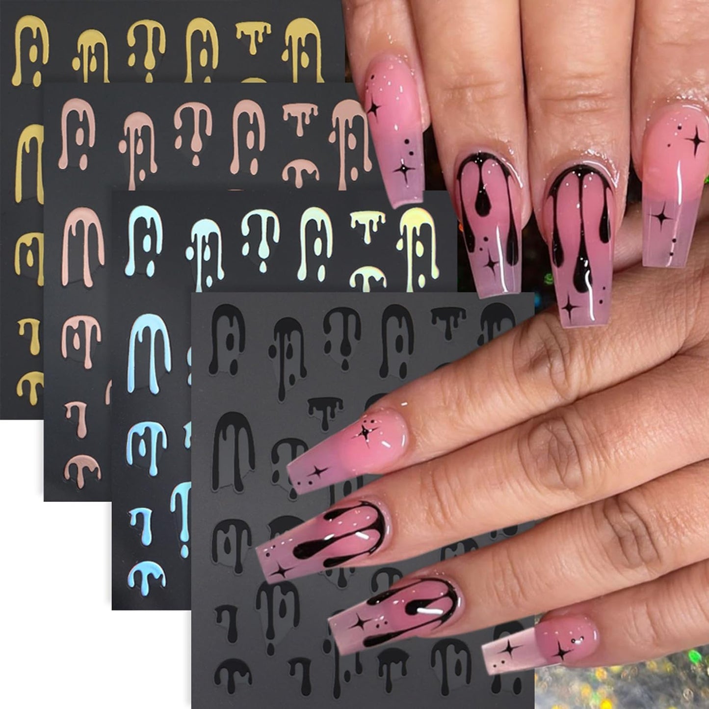 4pcs Halloween Nails Art Stickers -3D Self-Adhesive Nails Supply Black Gold Rose Gold Blood Dropping Design Y2K Scary Blood Nail Decals Sliders Halloween Laser Sliver Bloody DIY Manicure Decor
