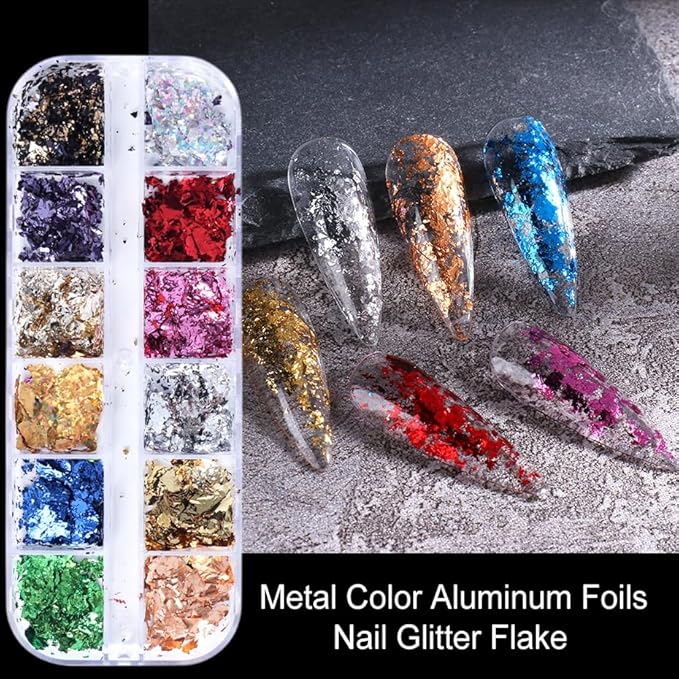 24Grid Aurora Opal Iridescent Nails Mermaid Flake Powder,Holographic Metal Color Gold Silver Confetti Nail Art Foil Paillettes,Irregular Glitter Sparkly Sequin Design for Manicure Decoration