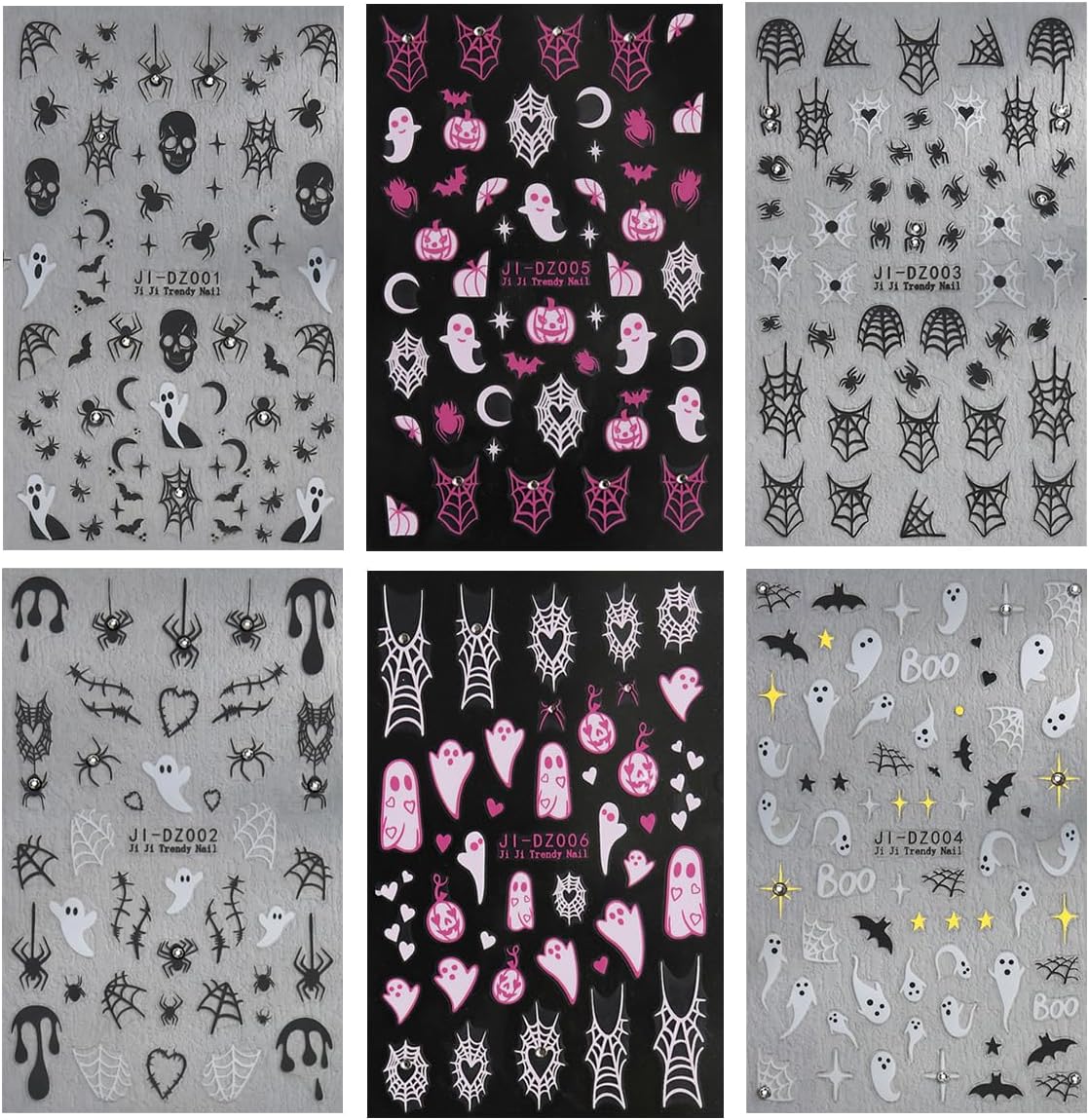 6Sheets Halloween Nail Stickers for Nail Art,3D Self-Adhesive Cute Ghost Spider Web Nail Decals with Rhinestones Design,Pink Pumpkin Spiders Skull Nail Art Stickers for Women Girls DIY Nail Decoration