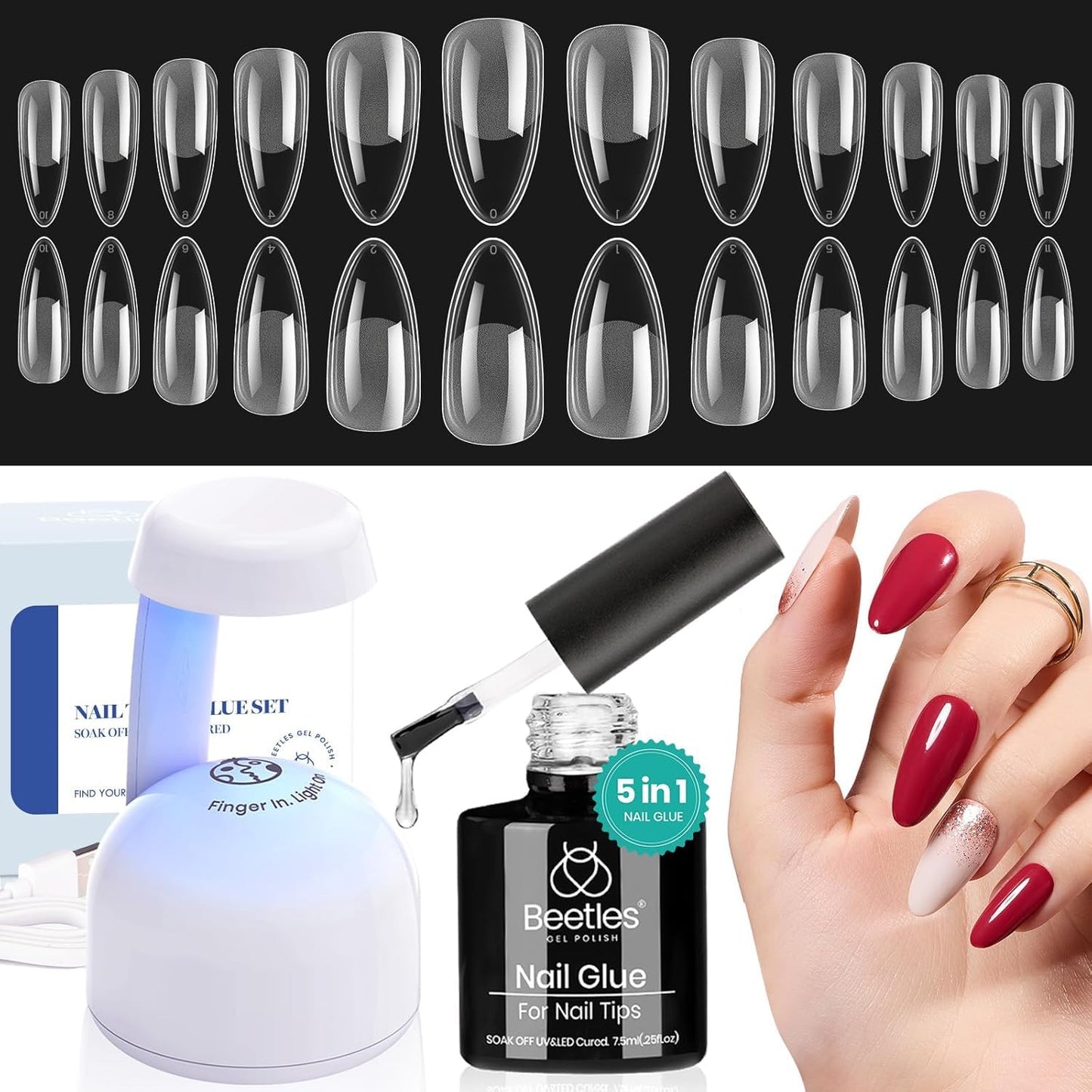 Beetles Gel Nail Kit Etch-X, Almond Medium, 500pcs 12 Sizes, with 9 in 1 Glue Mini Nail Lamp, Fall Nails, Pre-Etched Half Matte Easy Extension Set for Home DIY Salon Manicure Art