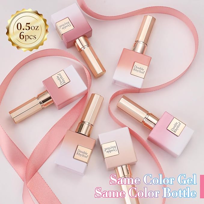 Double Rhythm 6 Pcs 15 ML Gel Polish Set Same Color Same Bottle Soak Off Gel Polish Kit Nail Art Manicure Salon DIY at Home for Women (Jelly Milky White Nude Pink Rose-T6-23)