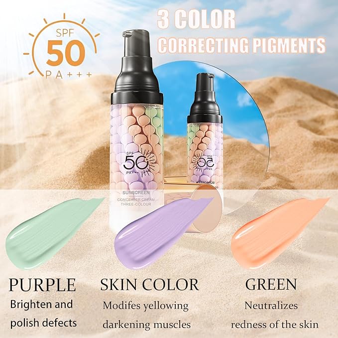 3 In 1Primer for Face Before Makeup,Sunscreen Isolation Cream, SPF 50, One Step Color Corrector Face Primer, Blurs Imperfections Oil Control & Moisturizing Skin Tone Correcting,Radiance Skin