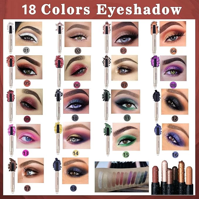 Matte Brown Eyeshadow Stick And Sponge Makeup Brush, Smooth Cream Shimmer Shadow Pencil Long Lasting Waterproof Eye Shadow Highlighter, Hypoallergenic Highlighter Multi-Dimensional Eyes Look #17