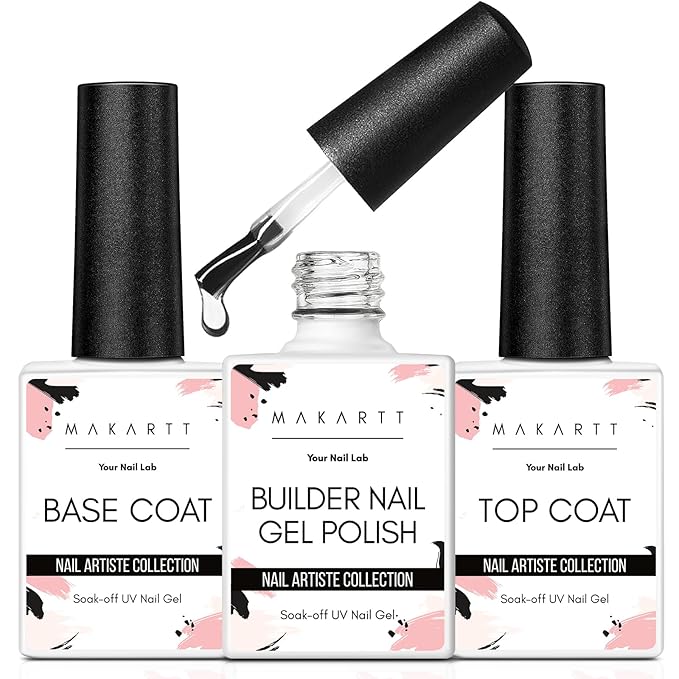 Makartt 3Pcs Builder Nail Gel with Top and Base Coat, Clear Gel Builder Kit for Nails Apex Building Thickening Strengthener Extension Rhinestone in a Bottle, UV Light Lamp Required
