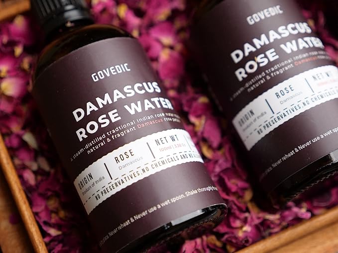 govedic Rose Water for Cooking, Baking, Cocktails | 100% Food Grade Rose Water | Face & Hair Care | Steam-Distilled Edible Damask Rose | 100 ml 3.38 Oz