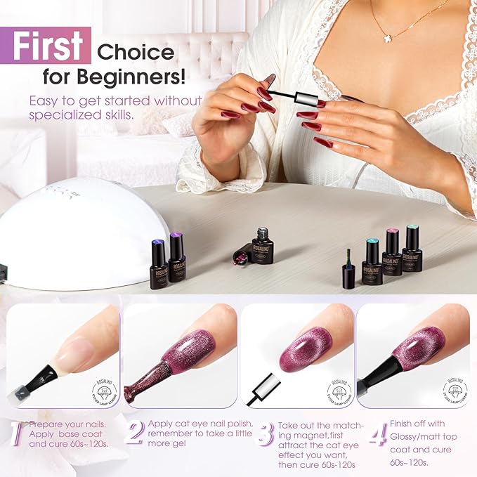 ROSALIND 8PCS Cat Eye Gel Polish with Magnet Stick - Magnetic Cat eye Gel Nail Polish Sparkle Diamond Effect Magic Magnetic Glitter Soak Off Led Nail Art DIY Salon Gifts For Women