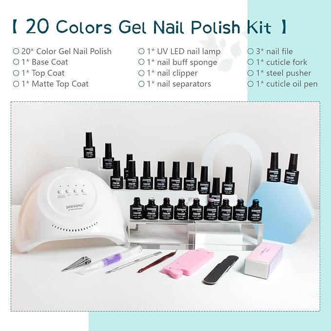 JODSONE 23 PCS Gel Nail Polish Kit with U V Light Popular Color with Durable Base Coat Matte Glossy Top Coat