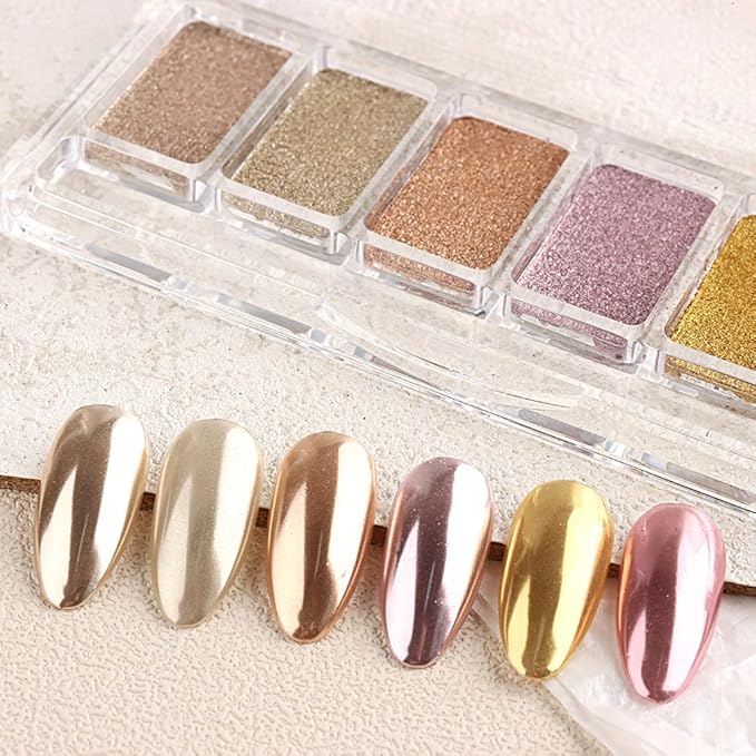 6 Colors Solid Chrome Nail Glitter Powder Set Metallic Mirror Chrome Powder for Nails, Gold Rose Gold Champagne Mutil Colors Palette Nail Pigment Powder Manicure Nail Art Decorations