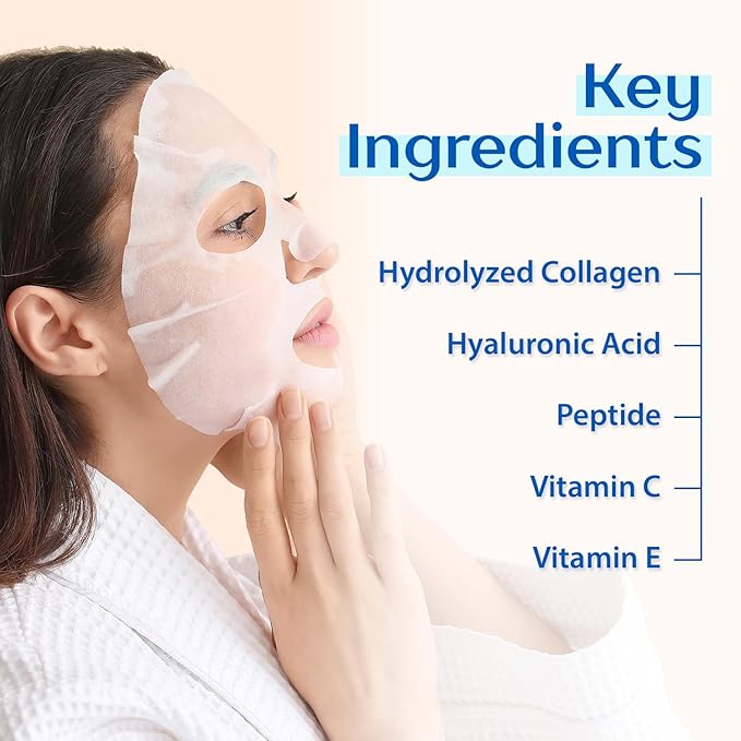 Ebanel 10 Pack Collagen Face Mask with Hyaluronic Acid, Vitamin C, Peptide, Aloe, Instant Brightening Hydrating Face Masks Skincare Korean Sheet Mask, Skin Firming, Lifting Anti Aging Facial Masks