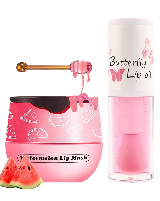 2Pcs Watermelon Lip Balm Honey Pot Lip Mask & Lip Glowy Oil Lip Care Set, Propolis Moisturizing & Nourish Hydrating Lip Gloss Repair, Reduce Lip Line & Plump Dry Cracked Lip Scrub Exfoliator -Set C