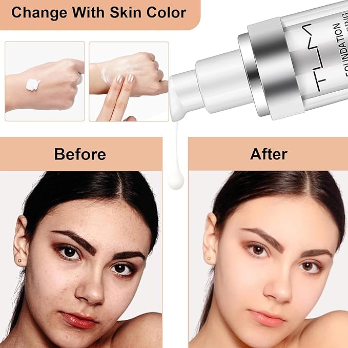 2 PACK TLM Color Changing Foundation Liquid Base,TLM Concealer Cover Cream,All Day Flawless Warm Skin Tone BB Cream Makeup Base Concealer for All Skin SPF15
