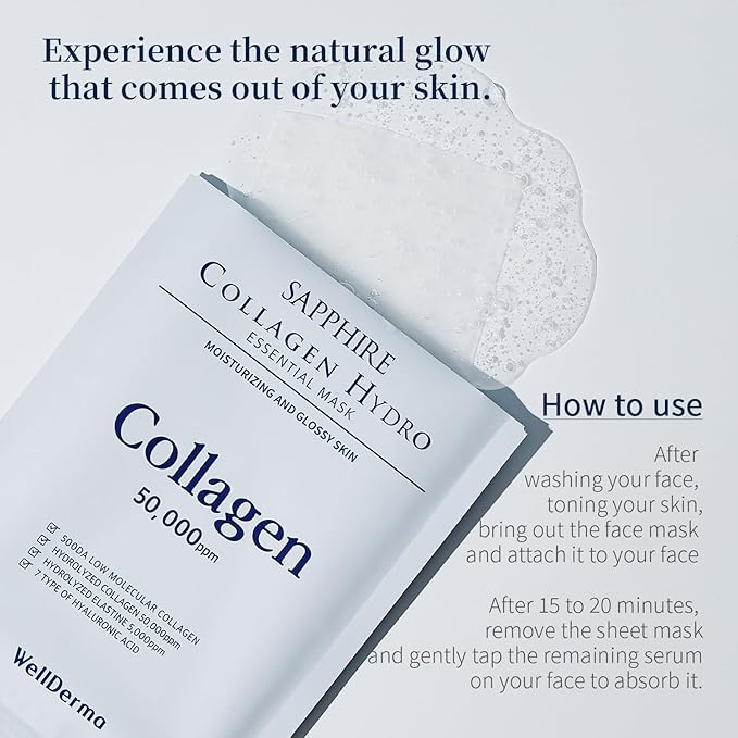 WELLDERMA Sapphire Collagen Hydro Essential Mask 10 Sheets Skin Soothing Calming