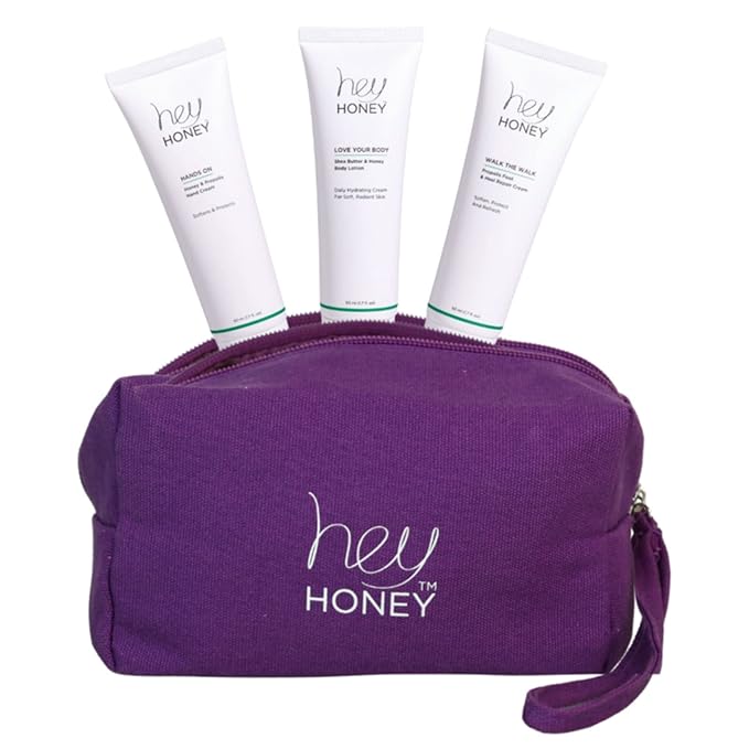 Hey Honey 4pc Set: Love Your Body Lotion, Walk The Walk Foot Cream, Hands On Honey Hand Cream, Eco Makeup Bag. Perfect for Valentine's, Xmas, Birthdays