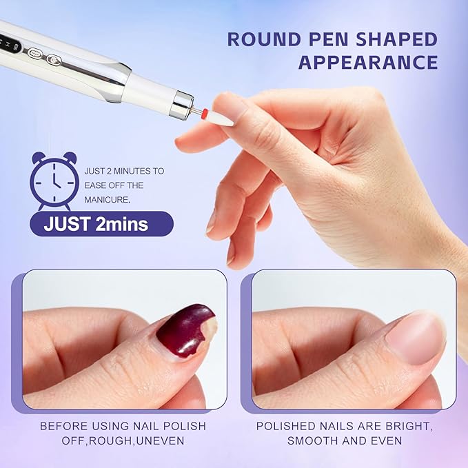 Electric Nail Drill File Cordless,Portable Rechargeable Nail File Kit for Acrylic & Gel Nails,Professional Efile for Manicure Pedicure Polishing,with 12 Nail Drill Bits 31 Sanding Bands,White