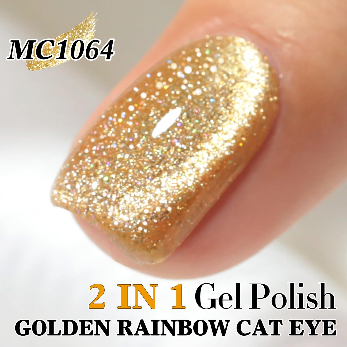 Double Rhythm Cat Eye Gel Polish with Magnet 15ML Holographic Glitter Shimmer Translucent Sheer Color Glass Magnetic Gel Polish Salon DIY at Home (Light Gold-MC1064)