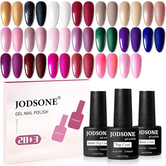 JODSONE 20 Glitter Color Gel Nail Polish Kit 3 Bottles of No Wipe Base Coat Glossy and Matte Top Coat Gel Polish Set High Shine Gorgeous