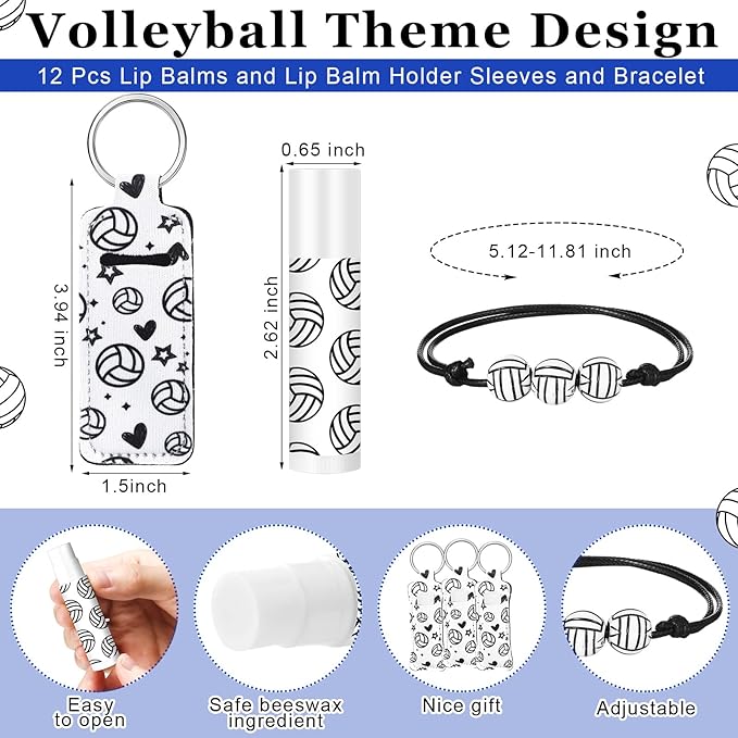 72 Pcs Sports Team Gifts Include 12 Makeup Bags 12 Lip Balm 12 Lip Balm Holder 12 Necklace 12 Adjustable Bracelet 12 Mirrors for Sports Lovers Players Party Favors (White, Volleyball)