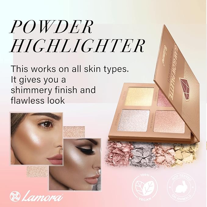 Highlighter Palette Highlighter Makeup Iluminador - Glow Bronzer Powder Makeup Highlighter Kit With Mirror - 4 Highly Pigmented Face Highlighter Shimmer Colors - Vegan, Cruelty Free & Hypoallergenic