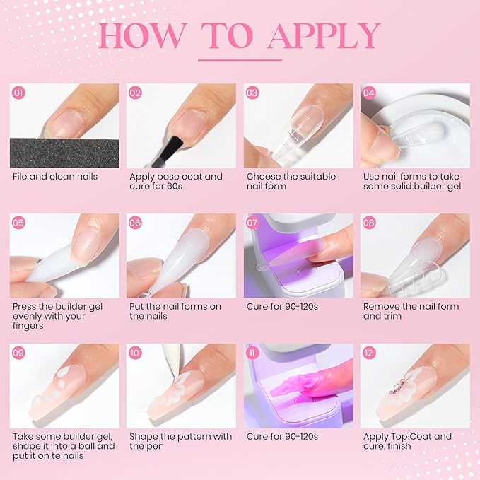 MIZHSE Solid Nail Builder Gel, 2.1 oz 60g Pink Builder Gels for Nails Non-Sticky Solid Builder Extensions Hard Gel with 24pcs Dual Forms and Silicone Pen 3D Art Manicure Set