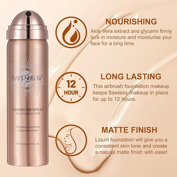 AirBrush Foundation Spray Set, Spray Foundation Makeup and Hydrating Face Primer Kit, Longwear Waterproof Liquid Matte Foundation Mist for Flawless Look, Brush and Sponge Include (#6 Sunny Beige)