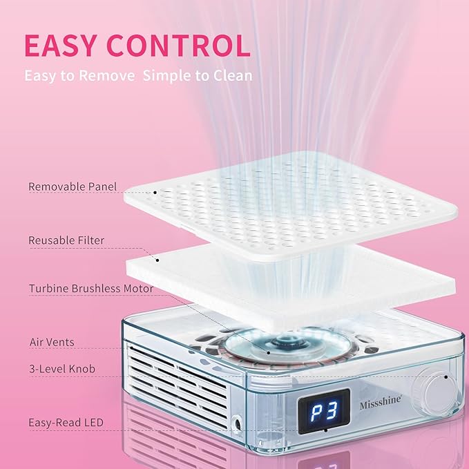 Missshine Nail Dust Collector with Adjustable Suction Power，Mini Vacuum Nail fan Dust Collector With Reusable Filter for Girls