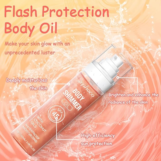 Broad Spectrum SPF 50 Sheer Body Sunscreen Setting Mist Sunscreen Body Glow Oil Spray for Face & Body with Gold Mica Sun-kissed Glow Skin Illuminator Hydrating Non-Greasy (A)