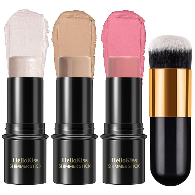 3 Pcs Face Contour Stick Kit, Matte Finish Face Stick Trio with Bronzer Blush Highlighter and Brush, Long Lasting Waterproof Cream Beauty Wand Makeup Set for Sculpt Glowing Face Look (#1, 8, 13)