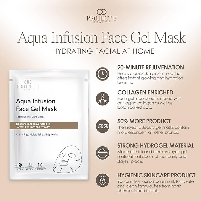 Project E Beauty Aqua Infusion Face Gel Mask Moisturizing, Hydrating & Anti-Aging | Removes Fine Lines | Brightening Collagen Face Mask | Skincare Routine | Hydrogel Sheet Masks | 5 Pack