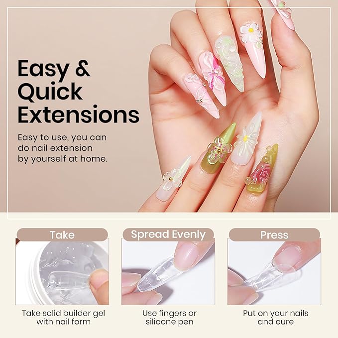 MIZHSE 100g Solid Builder Gel for Nails, Large Capacity Clear Hard Gel 3D Sculpting for Nail Art U V LED Builder Kit with 3D Silicone Pen, for Salon Home DIY