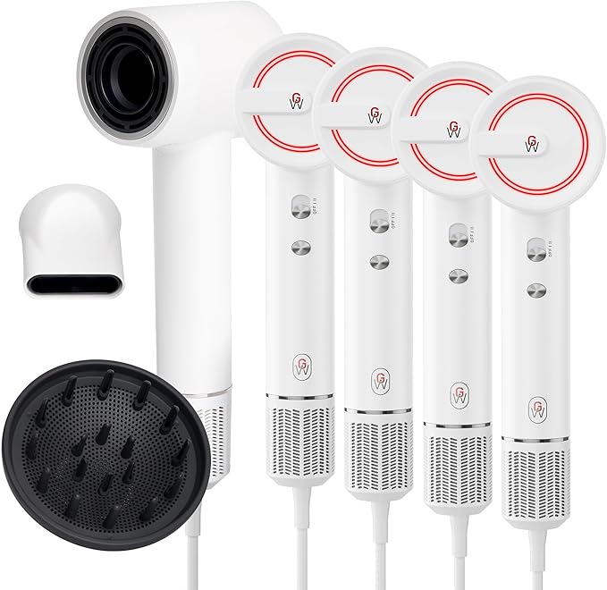 GroWell Ionic Hair Dryer, High-Speed Brushless Motor Professional Blow Dryer for Fast Drying, Low Noise, Lightweight, Compact Hair-Dryer with Diffuser for Curly Hair (4 Pack)