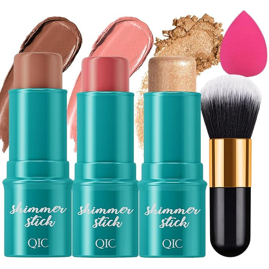 3Pcs Cream Contour Stick, with Highlighter Stick Milk Bronzer Stick Blush Stick, Face Contour Stick with Makeup Brush and Sponge, Easy to Sculpt the Face, Long Lasting, Waterproof