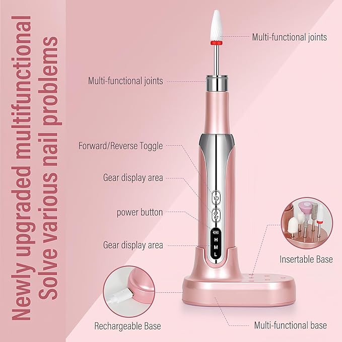 Electric Nail Drill File Cordless,Portable Rechargeable Nail File Kit for Acrylic & Gel Nails,Professional Efile for Manicure Pedicure Polishing,with 12 Nail Drill Bits 31 Sanding Bands,Rose Gold