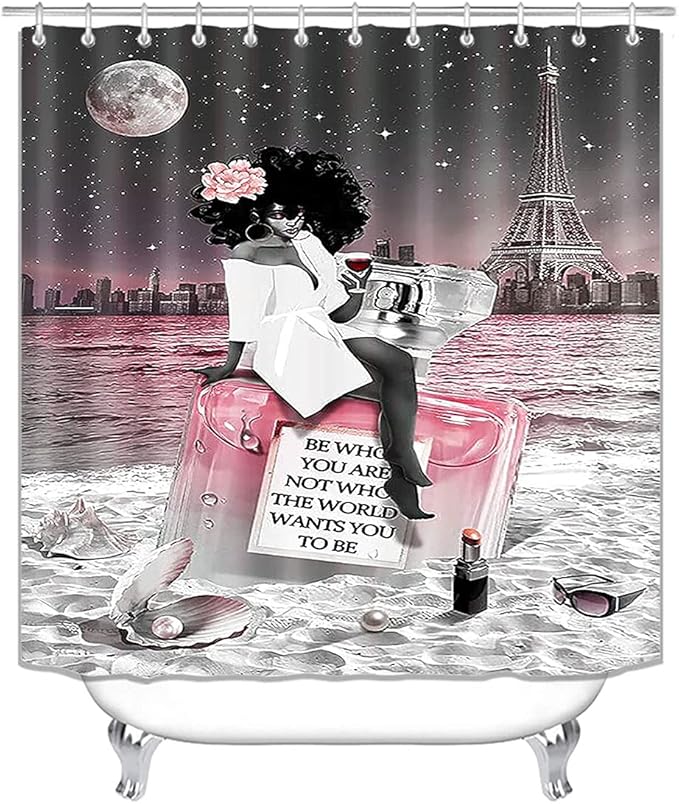 4PCS Sexy Black Girl Shower Curtain Set, Inspirational Quotes African American Woman Full Moon Starry Sky Eiffel Tower Beach Perfume Fashion Bathroom Decor, Non-Slip Bath Mat, Be Who You are
