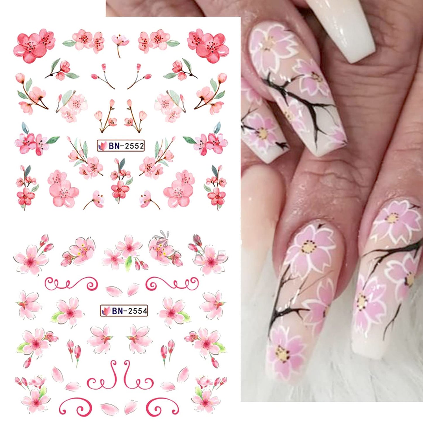 Sakura Water Transfer Nail Stickers - Cherry Blossom & Leaf Designs for Women & Girls - Pink Flower Nail Art Decoration Supplies