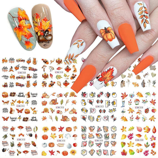 Fall Nail Art Stickers Maple Leaf Water Transfer Nail Decals Nail Supplies Autumn Maple Leaves Pumpkin Turkey Fox Design Watermark Nail Art Decorations Thanksgiving Day Stickers Manicure Tips 12Pcs