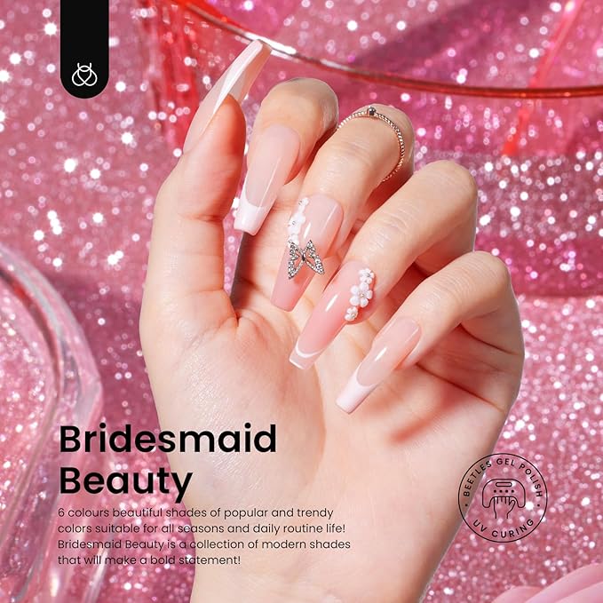 Beetles Gel Nail Polish Set 6 Colors Pink Nude Gray Glitter Gel Polish Wedding Nail Polish Bridesmaid Nail Art Design Soak Off Uv LED Lamp Needed Manicure Set Gifts for Women Bridesmaid Beauty