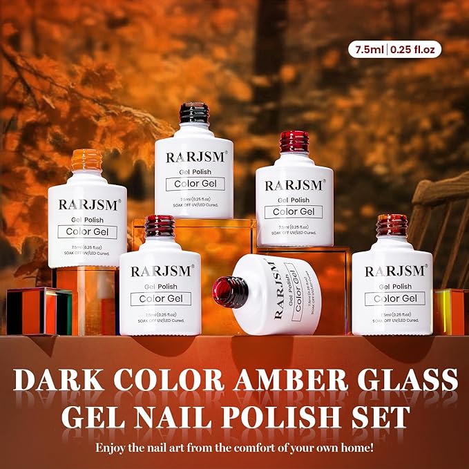RARJSM Jelly Stained Glass Gel Nail Polish Set 6pcs Clear Amber Yellow Cherry Red Orange Olive Green Crystal Transparent Series Sheer Gel Varnish Curing Requires Soak off Home Salon French Manicure