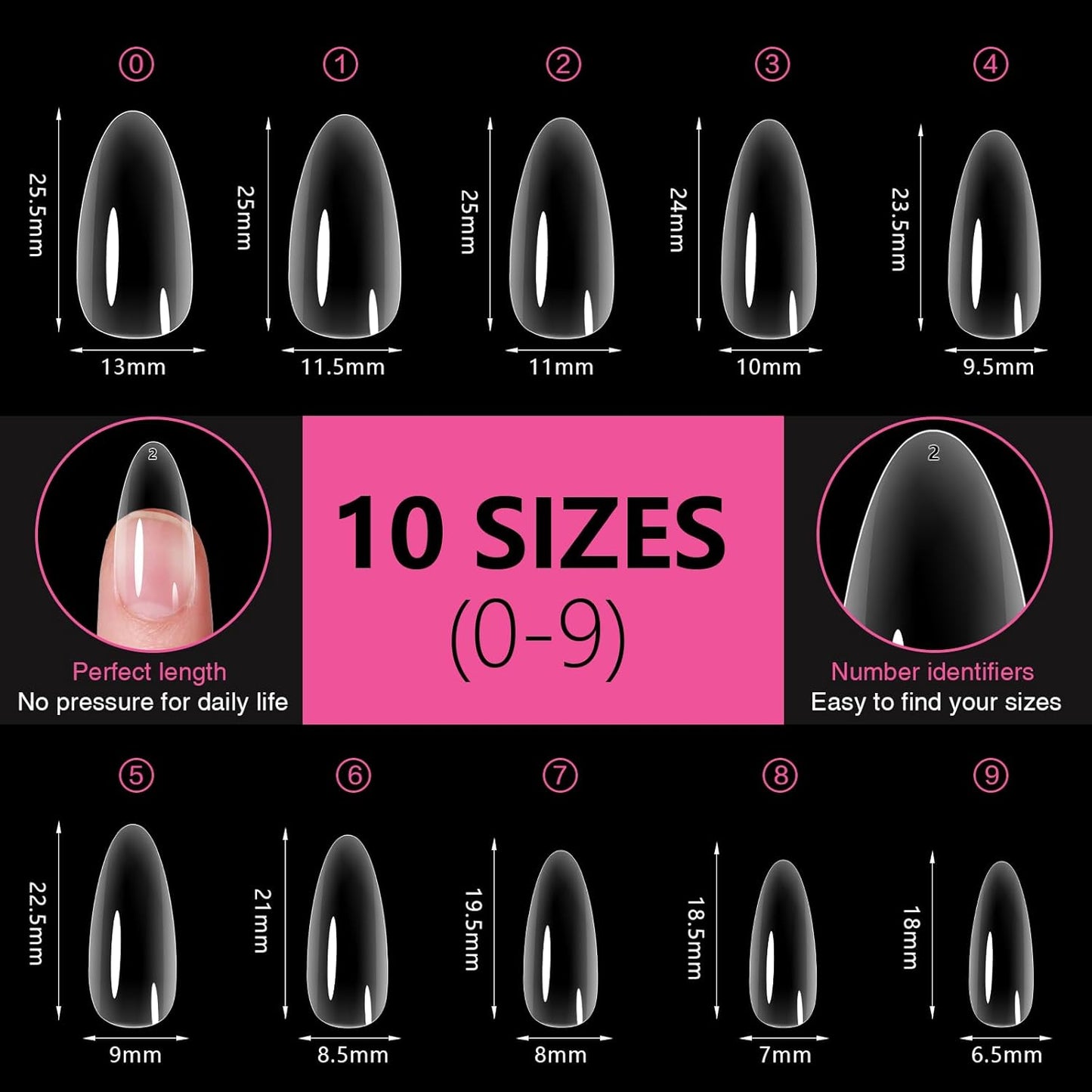 Medium Almond Nail Tips 500PCS, Clear Acrylic Full Cover Gel Press on Nail Tips for DIY, 10 Sizes Pre-Shaped False Nails with Glossy Finish, Professional Manicure Kit & Easy Application