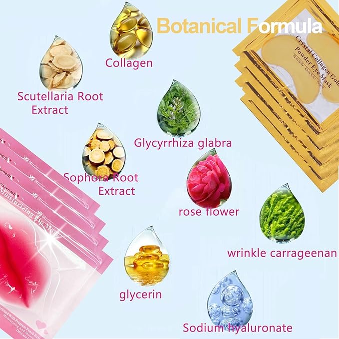 30 Pairs Lip Masks & 24K Gold Gel Eye Masks, Under Eye Collagen Patches and Crystal Gel Lip Masks Collagen Under Eye Mask for Dark Circles Puffiness and Wrinkles
