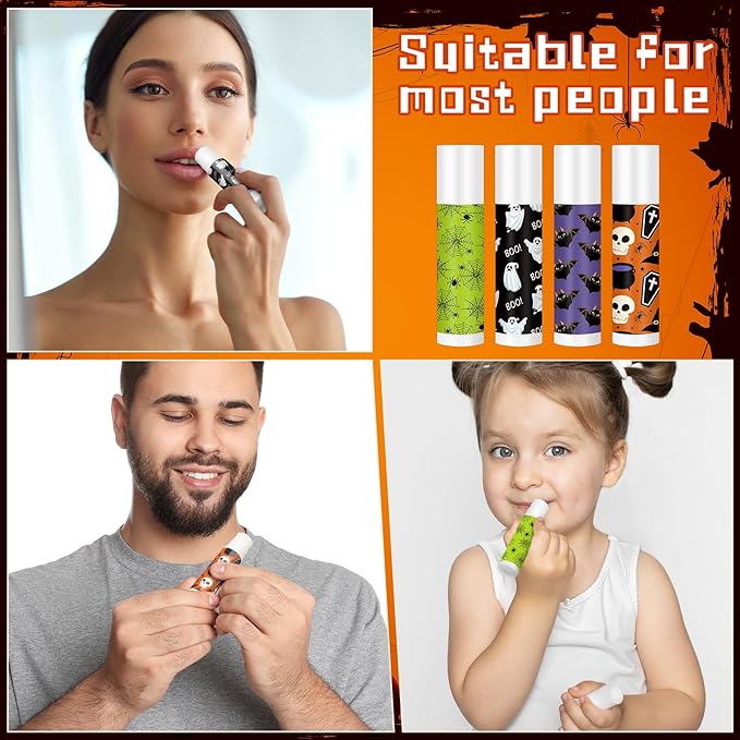 80 Pcs Halloween Lip Balm Ghost Spiderweb Skull Bat Lip Moisturizers for Halloween, 4 Styles