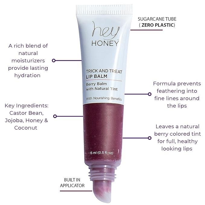 Hey Honey Skincare Trick and Treat Honey Berry Plumping Lip Balm | 2 In 1 Natural Tint with Hydrating & Moisturizing Properties | Targeting Your Lips Area Wrinkles | 0.5 oz (Honey Berry)