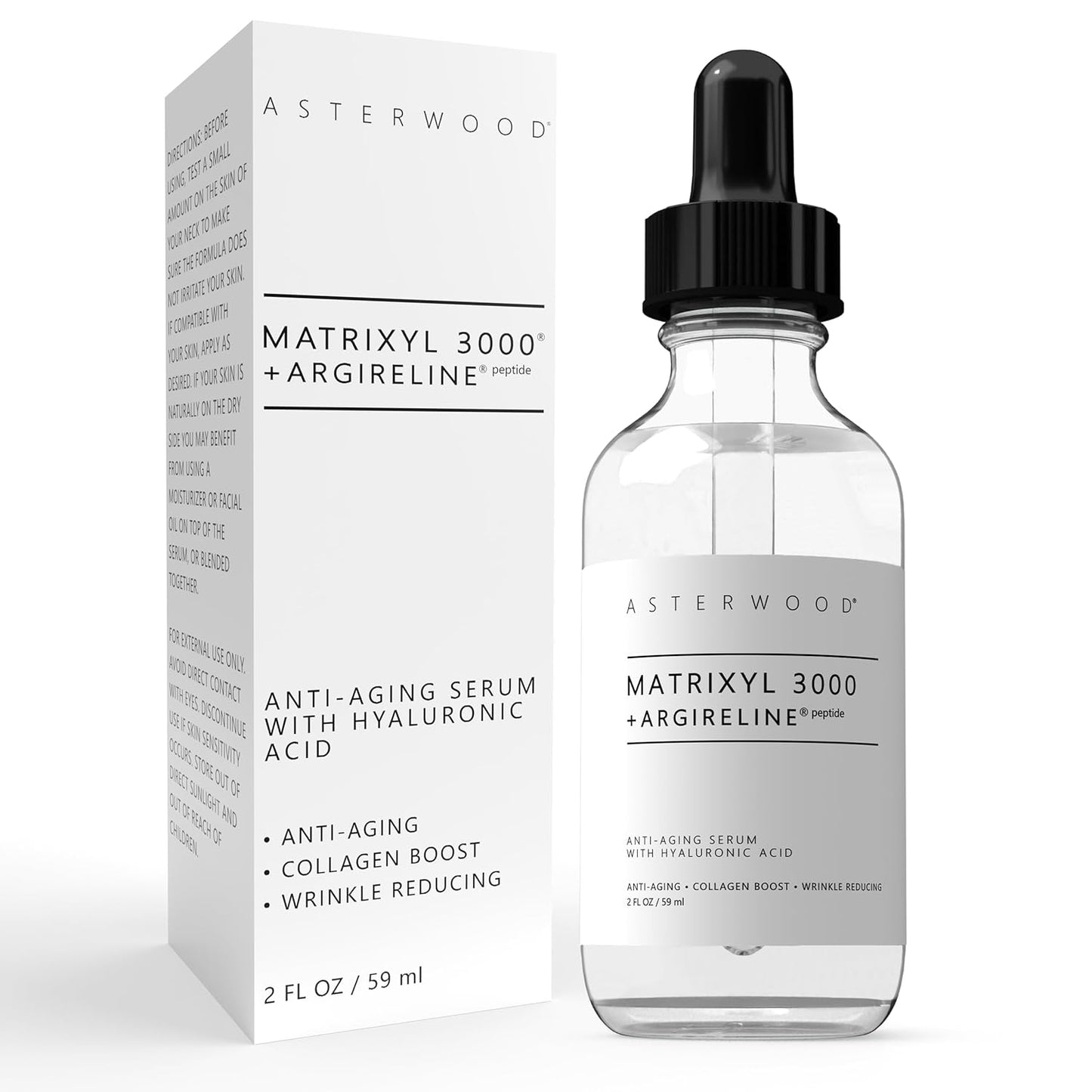 Asterwood Matrixyl 3000 + Argireline Serum with Hyaluronic Acid - Anti-Aging, Wrinkle Reducing, Collagen Boosting - Fragrance-Free - 2 Fl Oz