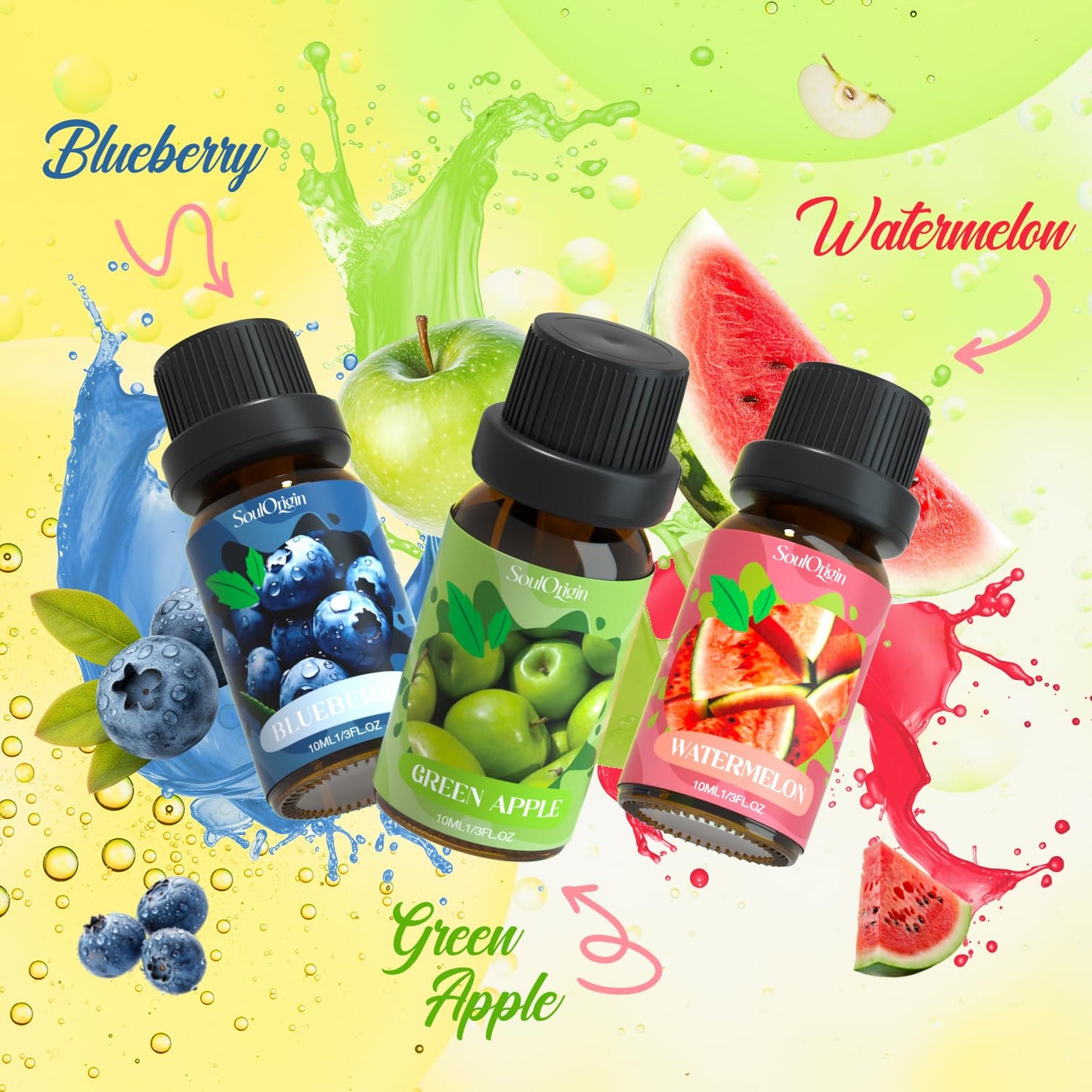 Fruit Essential Oils Set, Fragrance Oil Set for Diffuser, Scent Diffuser Oil for Candle Making- Pineapple, Sweet Orange, Grape, Green Apple, Blueberry, Watermelon